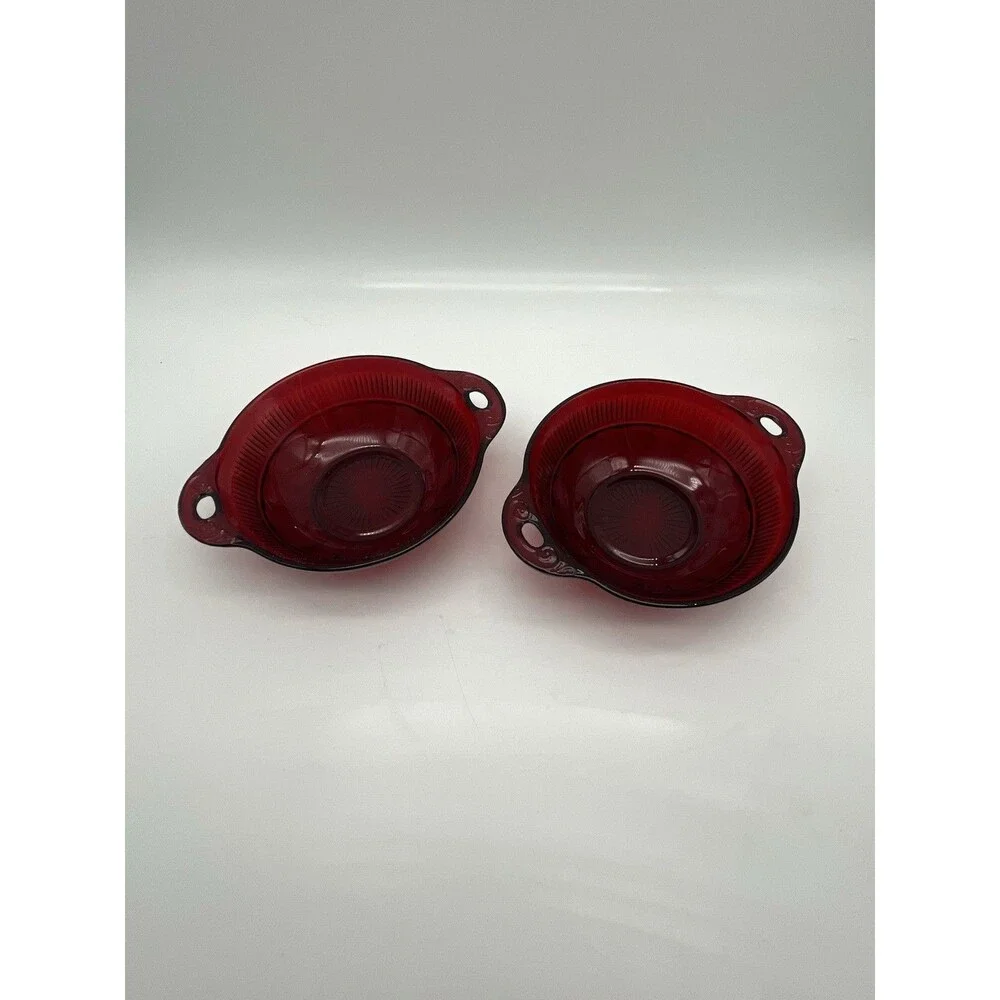 Vintage Anchor Hocking Coronation Royal Ruby Fruit/Dessert Bowls with Handles